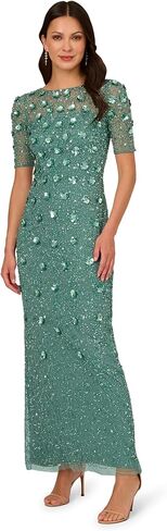 Adrianna Papell Women's Beaded Long 3D Floral Dress, Green Slate in Saudi Arabia