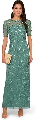 Adrianna Papell Women's Beaded Long 3D Floral Dress, Green Slate in Saudi Arabia