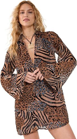 Nasty Gal Mixed Animal Devore Button Down Mini Tunic Dress in Saudi Arabia
