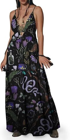 Womens Summer Sun Dresses Mystical Gothic Maxi Dress Casual Floral Witch Dress Date Dress Halloween Outfits in Saudi Arabia