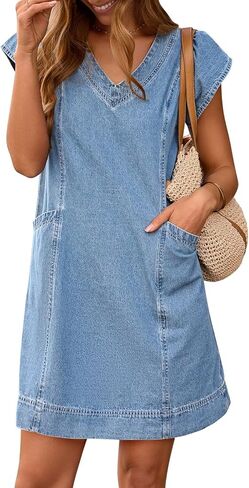 Pink Queen Womens Denim Dress Summer V Neck Short Sleeve Loose Casual Jean Dresses with Pockets in Saudi Arabia