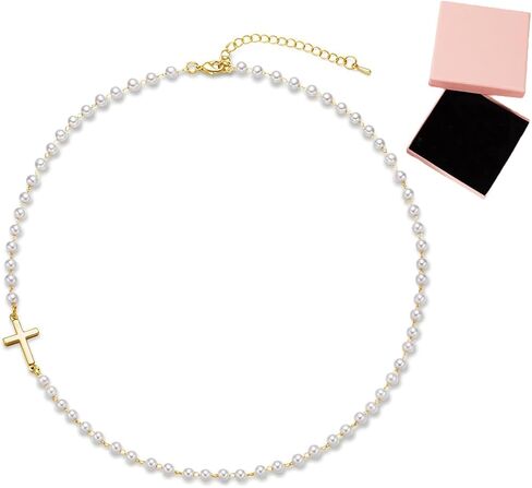 Cross Necklace for Women Gold Pearl Cross Necklace Eternal Pearls Necklace with Cross Dainty Sidways Cross Choker Necklaces Faith Jewelry Religious Gifts in Saudi Arabia