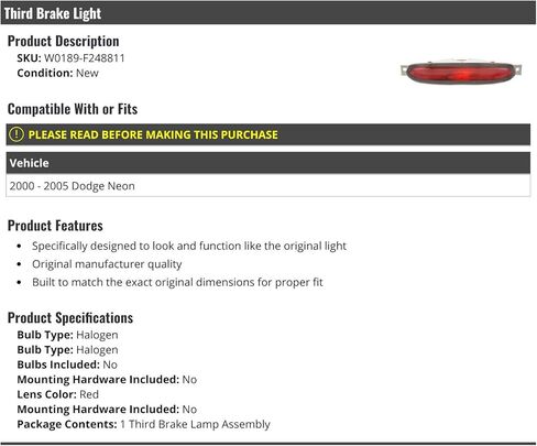 3rd Third Brake Light Lens Halogen - Compatible with 2000-2005 Dodge Neon in Saudi Arabia