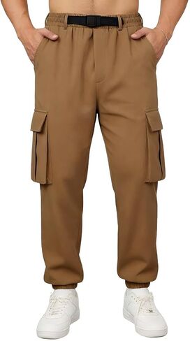 Mens Cargo Jogger Pants with Adjustable Buckle Belt Lightweight Loose Tapered Fit Utility Multi-Pocket in Saudi Arabia