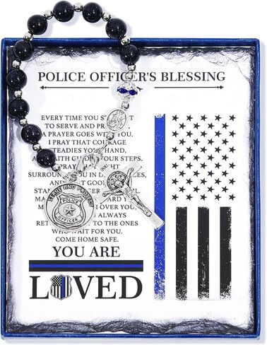 مسبحة جيب الشرطة من سانت مايكل - سبحة صلاة من الحجر الرملي الأزرق مع شارة سحرية - هدايا تخرج لإنفاذ القانون للشرطي والشريف (زينة مرآة الرؤية الخلفية للسيارة وبطاقة مباركة) in Kuwait