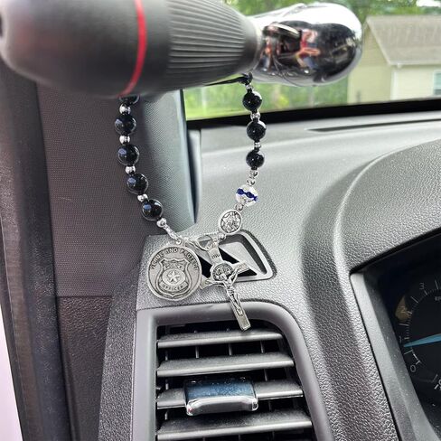 مسبحة جيب الشرطة من سانت مايكل - سبحة صلاة من الحجر الرملي الأزرق مع شارة سحرية - هدايا تخرج لإنفاذ القانون للشرطي والشريف (زينة مرآة الرؤية الخلفية للسيارة وبطاقة مباركة) in Kuwait