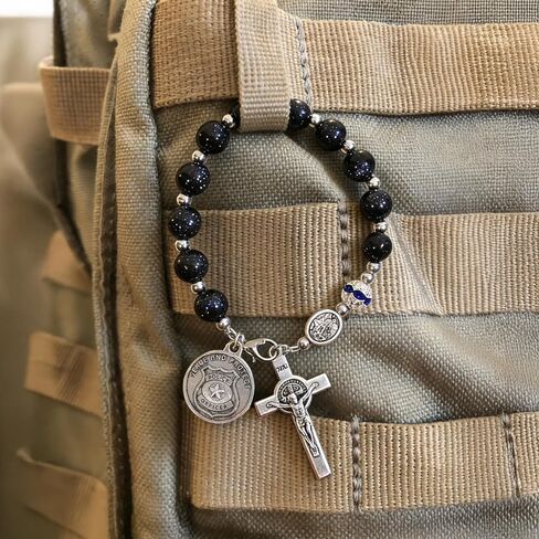 مسبحة جيب الشرطة من سانت مايكل - سبحة صلاة من الحجر الرملي الأزرق مع شارة سحرية - هدايا تخرج لإنفاذ القانون للشرطي والشريف (زينة مرآة الرؤية الخلفية للسيارة وبطاقة مباركة) in Kuwait