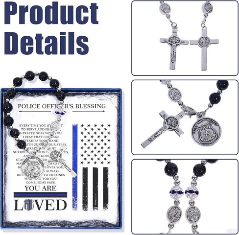 مسبحة جيب الشرطة من سانت مايكل - سبحة صلاة من الحجر الرملي الأزرق مع شارة سحرية - هدايا تخرج لإنفاذ القانون للشرطي والشريف (زينة مرآة الرؤية الخلفية للسيارة وبطاقة مباركة) in Kuwait