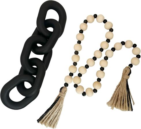 قطعتان مزخرفتان من 5 حلقات ديكور سلسلة خشبية وخرز بوهو مزرعة ديكور طاولة المنزل الريفي رف طاولة القهوة رف الكتب الجمالي الحديث ديكور خشبي (طبيعي) in Kuwait