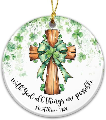 Irish Shamrock Cross Ornament – “with God All Things are Possible" Matthew 19:26, St. Patrick’s Day Christian Faith Hanging Decoration, Religious Green Clover Ornament in Saudi Arabia