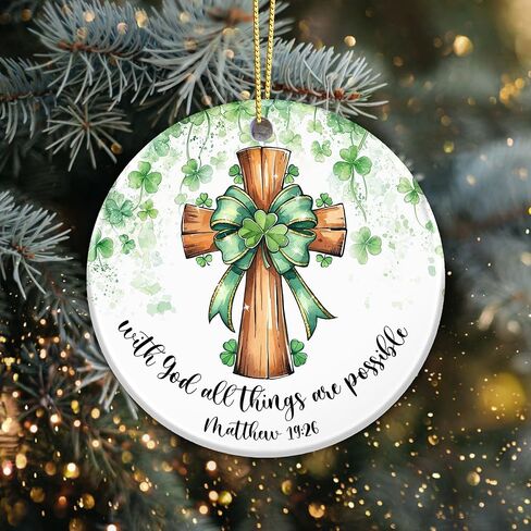 Irish Shamrock Cross Ornament – “with God All Things are Possible" Matthew 19:26, St. Patrick’s Day Christian Faith Hanging Decoration, Religious Green Clover Ornament in Saudi Arabia