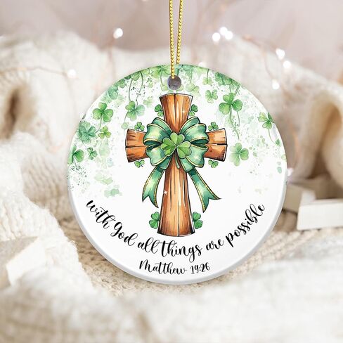 Irish Shamrock Cross Ornament – “with God All Things are Possible" Matthew 19:26, St. Patrick’s Day Christian Faith Hanging Decoration, Religious Green Clover Ornament in Saudi Arabia
