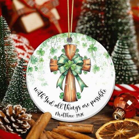 Irish Shamrock Cross Ornament – “with God All Things are Possible" Matthew 19:26, St. Patrick’s Day Christian Faith Hanging Decoration, Religious Green Clover Ornament in Saudi Arabia