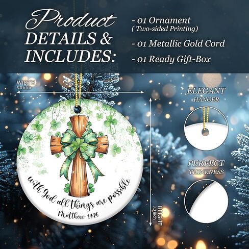Irish Shamrock Cross Ornament – “with God All Things are Possible" Matthew 19:26, St. Patrick’s Day Christian Faith Hanging Decoration, Religious Green Clover Ornament in Saudi Arabia