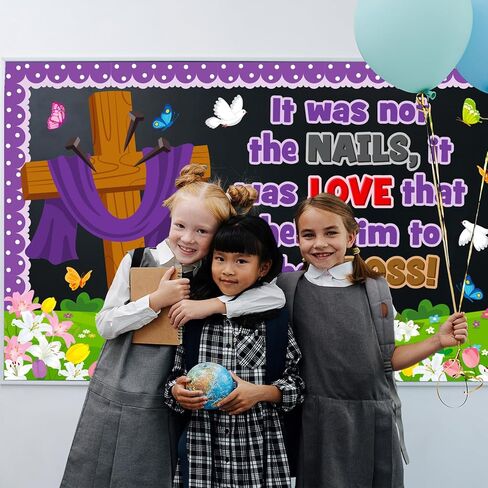 Easter Cross Bulletin Board Decoration Set, Religious Jesus Christian Classroom Decorations, Spring Faith Lily Butterfly Cutouts, April Sunday School Church Wall Window Door Decor for Teacher in Kuwait