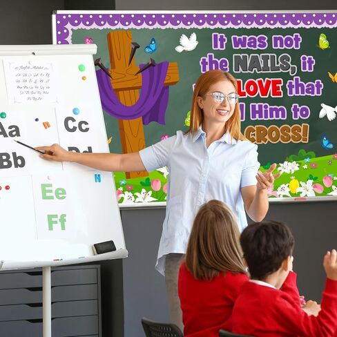 Easter Cross Bulletin Board Decoration Set, Religious Jesus Christian Classroom Decorations, Spring Faith Lily Butterfly Cutouts, April Sunday School Church Wall Window Door Decor for Teacher in Kuwait