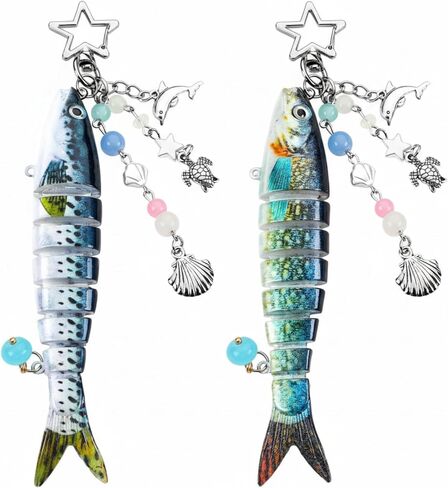Nosiny 2 Pcs Fish Keychains Charm Fishing Lure Keychain Funny Cute Lifelike Fish Themed Gift Aesthetic Y2k Phone Keychain Beads and Charms Shell Bag Accessories for Women Purse Pendants Beach Decor in Saudi Arabia