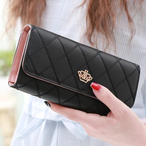 Women's Large-Capacity Tri-Fold Wallet with Zipper Closure - Long Mini Leather Purse, Leather Casual/Professional Wallet for Cash, Cards (Black) in Saudi Arabia