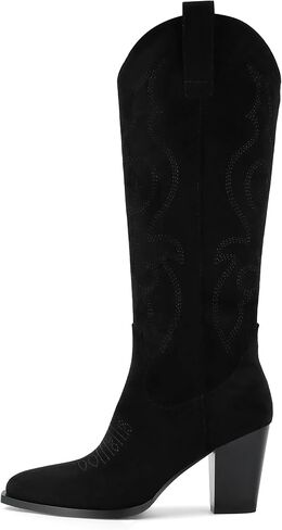 STALOV Cowboy Boots for Women Suede Embroidered Chunky Heel Knee High Pointed Toe Pull On Western Fashion Cowgirl Boot in Saudi Arabia