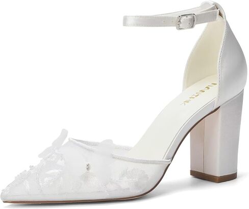 Block Heel Wedding Shoes for Bride Lace Bridal Shoes Closed Toe Wedding Heels in Saudi Arabia