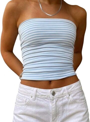 Women Cute Striped Tube Tops Y2K Aesthetic Strapless Bandeau Sleeveless Backless Crop Top Casual Spring Summer Going Out in Saudi Arabia