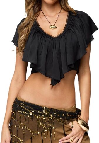 Women Y2K Ruffled V Neck Crop Top Frill Trim Tie Back Summer Going Out Top Vintage Boho Blouse Shirt Streetwear in Saudi Arabia