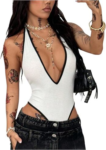 SweatyRocks Women's Deep V Neck Halter Bodysuits Contrast Binding Backless Bodysuit Night Out Leotards Tops in Saudi Arabia