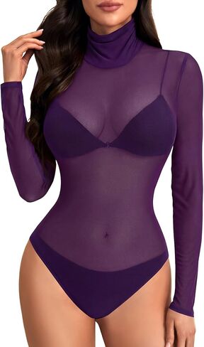 LYANER Women's Mesh Long Sleeve Bodysuit Turtle Mock Neck Sheer Leotards Top Clubwear in Saudi Arabia
