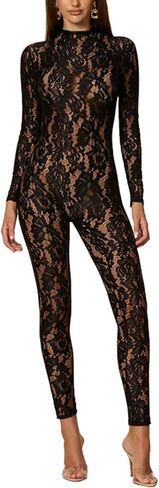 بذلة نسائية مثيرة من الدانتيل شفافة بأكمام طويلة وقابلة للتمدد ومفرغة من قطعة واحدة ملابس الحفلات in Kuwait