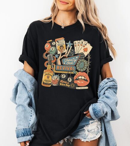 Treaty Oak Revival Cowboy T-Shirt, Vintage Western Graphic Tee, Retro Collage Shirt, Whiskey Poker Graphic T Shirt, Unisex Trendy Tee Multicolor in Saudi Arabia