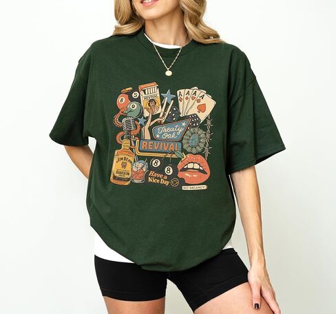 Treaty Oak Revival Cowboy T-Shirt, Vintage Western Graphic Tee, Retro Collage Shirt, Whiskey Poker Graphic T Shirt, Unisex Trendy Tee Multicolor in Saudi Arabia