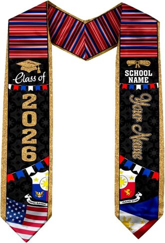 IZI POD Personalized Filipino Graduation Sash, Philippines Graduation Stole, Philippines American Flag Stole, Grad 2026 in Saudi Arabia