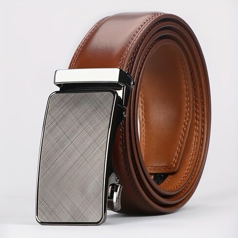 Men's genuine leather ratchet belt with adjustable automatic buckle, suitable for work, casual wear, and everyday use. in Saudi Arabia