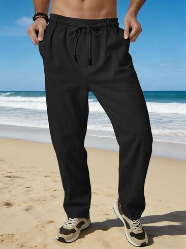 Men's Linen Pants Lightweight Drawstring Casual Summer Yoga Beach Pants with Pockets in Saudi Arabia