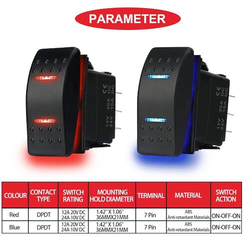 2Pcs Automatic Lock Rocker Switch Toggle On/Off/On 3 Position Waterproof DC 12V/20A 24V/10A 7Pin DPDT Blue Red LED Light, with Jumper Wires Set for Marine Boat Truck Car Caravan RV SUV ATV in Saudi Arabia
