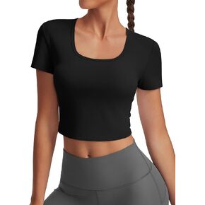 تي شيرت نسائي قصير الأكمام للتمرينات الرياضية بأكمام قصيرة ورقبة واسعة ومناسبة للصالة الرياضية واليوجا in Kuwait