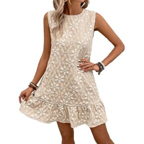 SOLY HUX Women's Ruffle Hem Sleeveless Tank Dress Round Neck Casual Jacquard Hem Smock Summer Mini Dresses in Kuwait