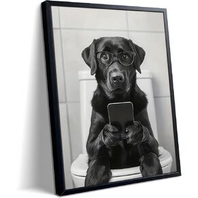 Black and White Bathroom Wall Art, Funny Labrador Dog Canvas Prints Poster, Cute Animal Sitting on Toilet Looking at Phone Picture, Modern Farmhouse Restroom Bathroom Home Wall Decor 8x10 Inch Framed in Saudi Arabia