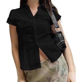 Women Y2k Button Up Shirts Cap Sleeve Lapel Collar Preppy Shirt Slim Fit Summer Coquette Tops in Kuwait