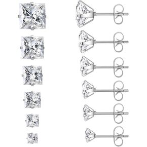 6 Pairs Square Stud Earrings Set for Women Men - Surgical 316L Stainless Steel & Cubic Zirconia for Sensitive Skin - 6 Sizes 3-8mm Mixed Pack - Minimalist Dainty Jewelry Gift for Multiple Piercings in Kuwait
