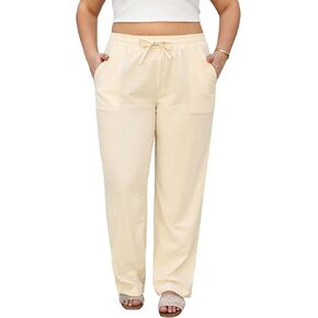 HEEKPEK Womens Plus Size Linen Pants Straight Leg Elastic Waisted Adjustable Drawstring Palazzo Casual Trousers with Pockets in Kuwait