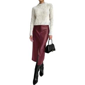 Women Leather Skirt High Waist Front Slit Long Skirt High Office Slim Skirts Elegant in Kuwait
