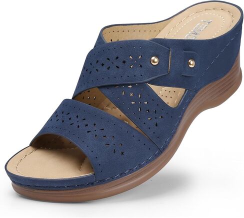 صنادل TEMOFON بكعب عريض للنساء في الصيف: صنادل أنيقة بكعب منخفض أسود/كحلي/أبيض، مشي مريح، دعم قوس القدم، أحذية صيفية كاجوال سهلة الارتداء، مقاس 5-11 in Kuwait