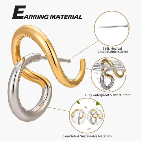 أقراط هندسية من الفولاذ المقاوم للصدأ - أقراط دائرية فضية وذهبية مزدوجة اللون، مقاومة للماء ولا تسبب الحساسية ولا تبهت للنساء in Kuwait