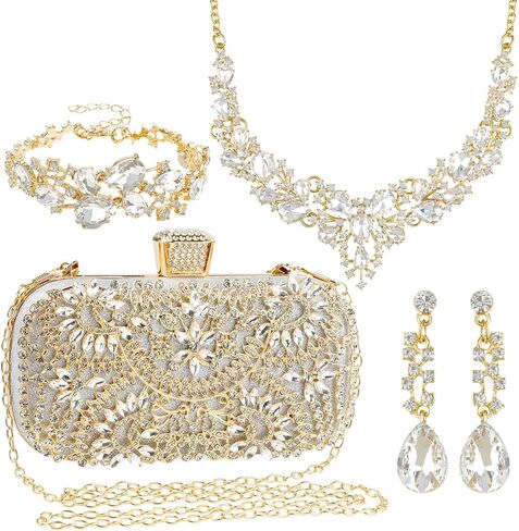 مجموعة مجوهرات من حجر الراين وحقيبة يد من الكريستال الماسي مع أقراط ودبوس بروش، لحفلات الزفاف وحفلات الزفاف وحفلات الزفاف وهدية عيد الحب in Kuwait