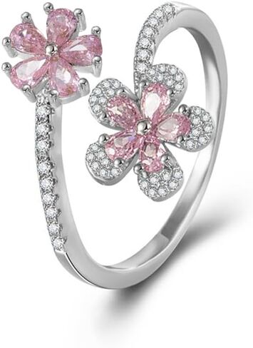Kokoma Pink Plum Blossom Flower Ring for Women Crystal Cubic Zirconia Floral Ring Adjustable Wrap Finger Rings Dainty Engagement Wedding Jewelry in Saudi Arabia