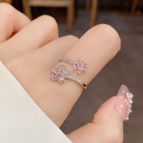 Kokoma Pink Plum Blossom Flower Ring for Women Crystal Cubic Zirconia Floral Ring Adjustable Wrap Finger Rings Dainty Engagement Wedding Jewelry in Saudi Arabia