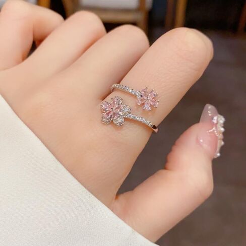 Kokoma Pink Plum Blossom Flower Ring for Women Crystal Cubic Zirconia Floral Ring Adjustable Wrap Finger Rings Dainty Engagement Wedding Jewelry in Saudi Arabia