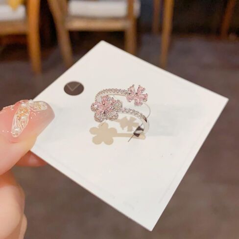 Kokoma Pink Plum Blossom Flower Ring for Women Crystal Cubic Zirconia Floral Ring Adjustable Wrap Finger Rings Dainty Engagement Wedding Jewelry in Saudi Arabia