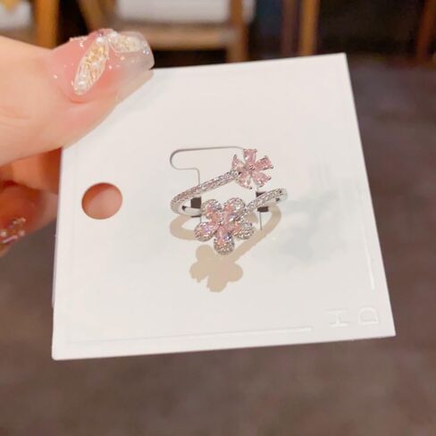 Kokoma Pink Plum Blossom Flower Ring for Women Crystal Cubic Zirconia Floral Ring Adjustable Wrap Finger Rings Dainty Engagement Wedding Jewelry in Saudi Arabia